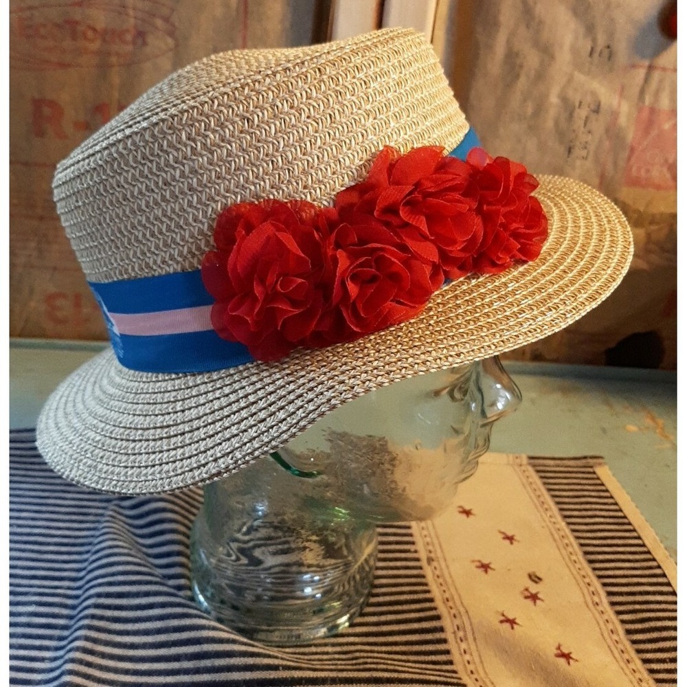 New Kentucky Derby Angry Orchard Derby Straw Hat with Ribbon & Red Flowers - Picture 4 of 6